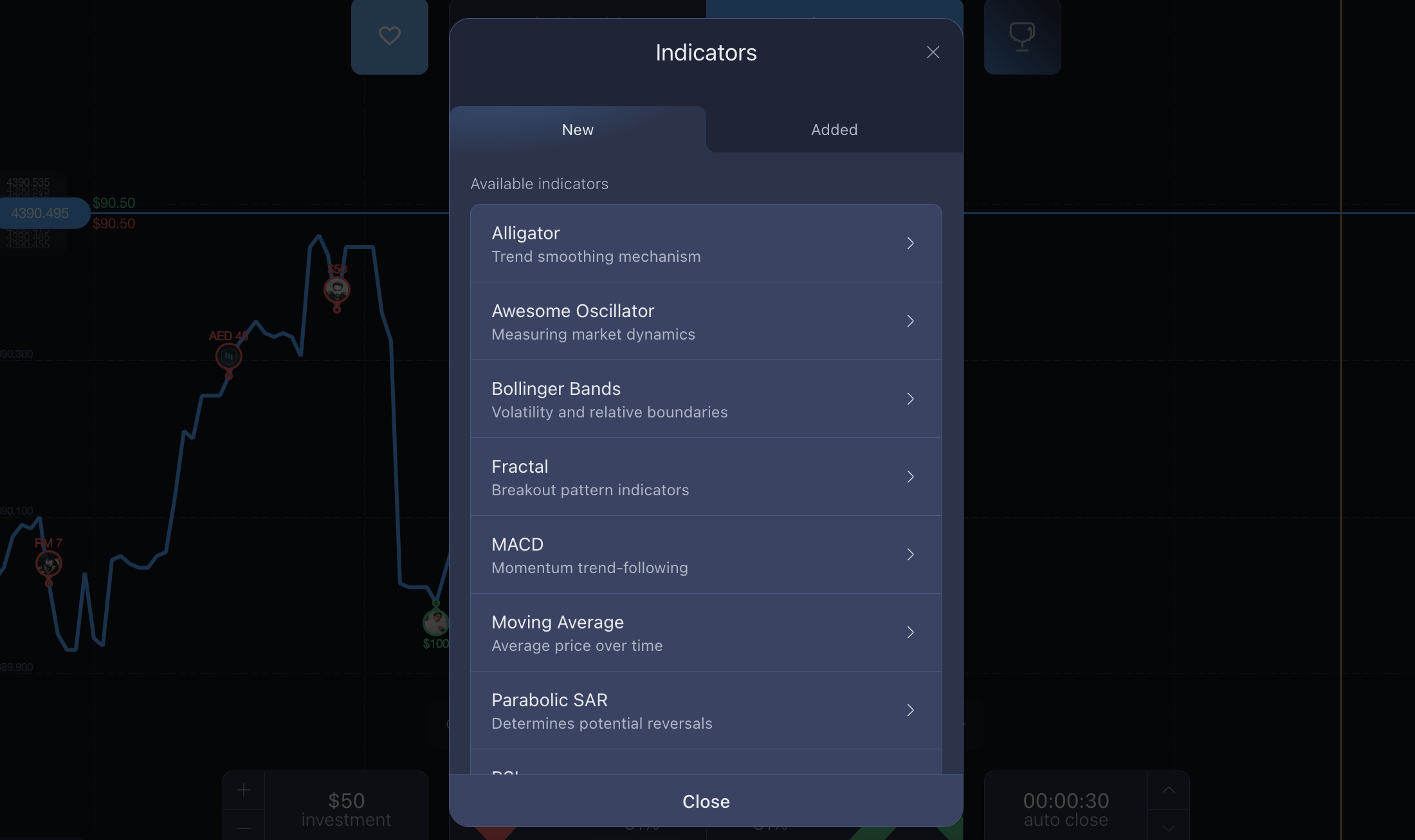 การเลือกจากอินดิเคเตอร์ต่างๆ บน ExpertOption